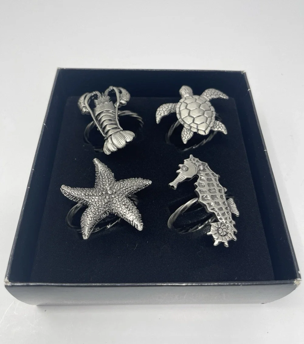 Pewter Napkin Rings Lobster Turtle Starfish Seahorse Set 4 Nautical Sealife New